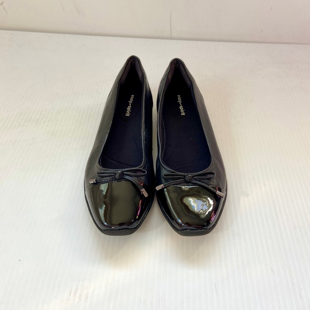 Easy Spirit Riva Ballet Flats Black Leather Cap Toe with Bow Womens 7M